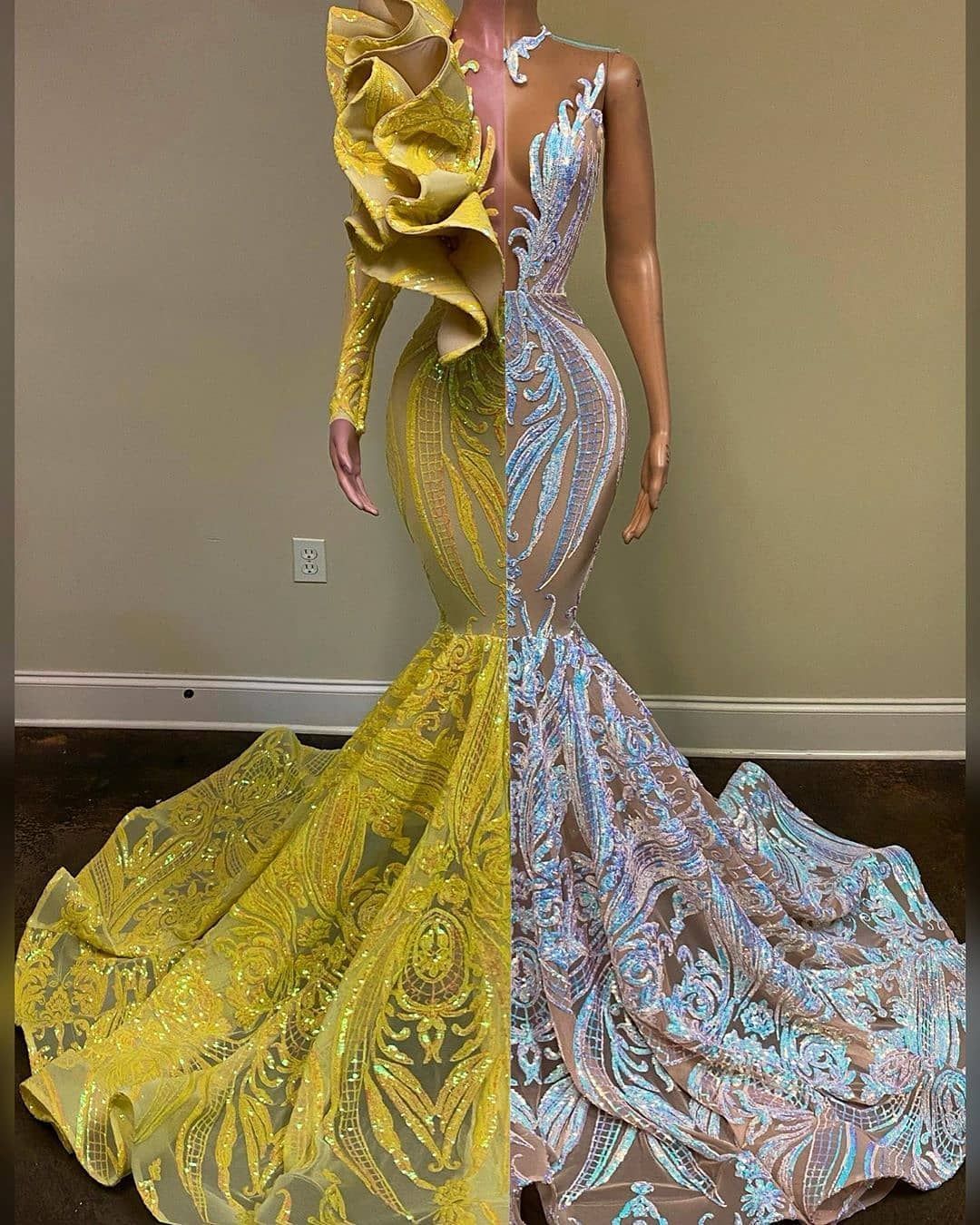 Gorgeous Bicolor Tddecoration V-neck One Shoulder Long Sleeve Floor-length Mermaid Prom Dresses