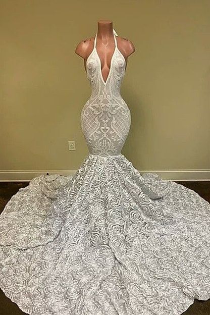 Elegant Wite Halter V-neck Appliques Lace Sleeveless Flowers Floor-length Column Mermaid Prom Dresses