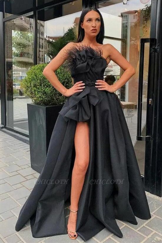 Vintage Black Strapless Flower A-Line Floor-length Prom Dresses with Slit