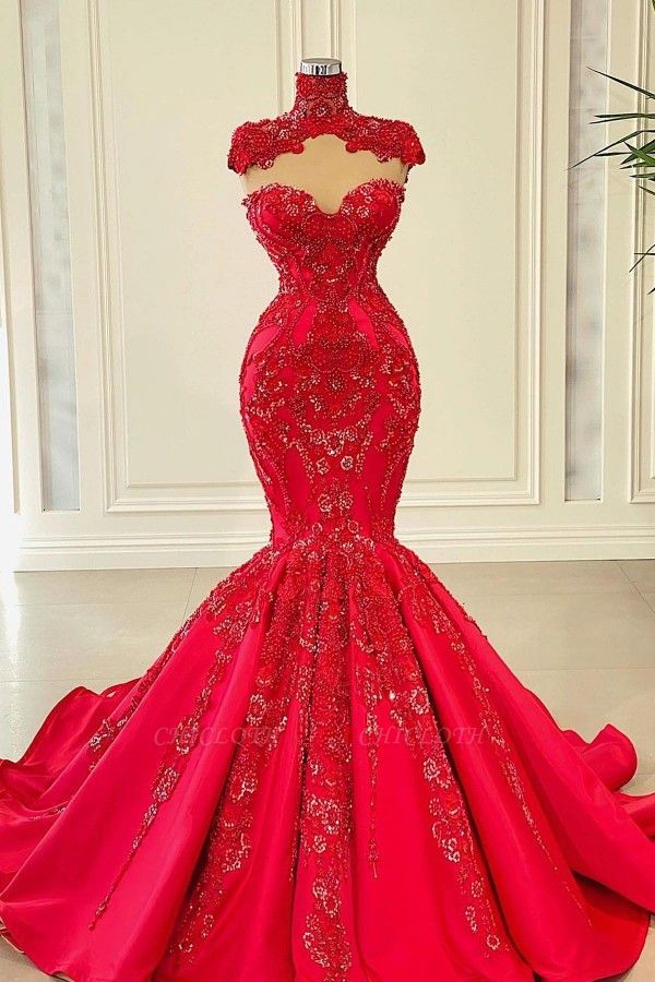 Red Swetheart Sleeveless Mermaid Satin Floor-Length Prom Dresses with Beading