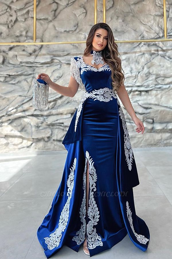 Gorgeous Blue Sweetheart Column Appliques Sleeveless Split Front Floor-length Prom Dresses with Train