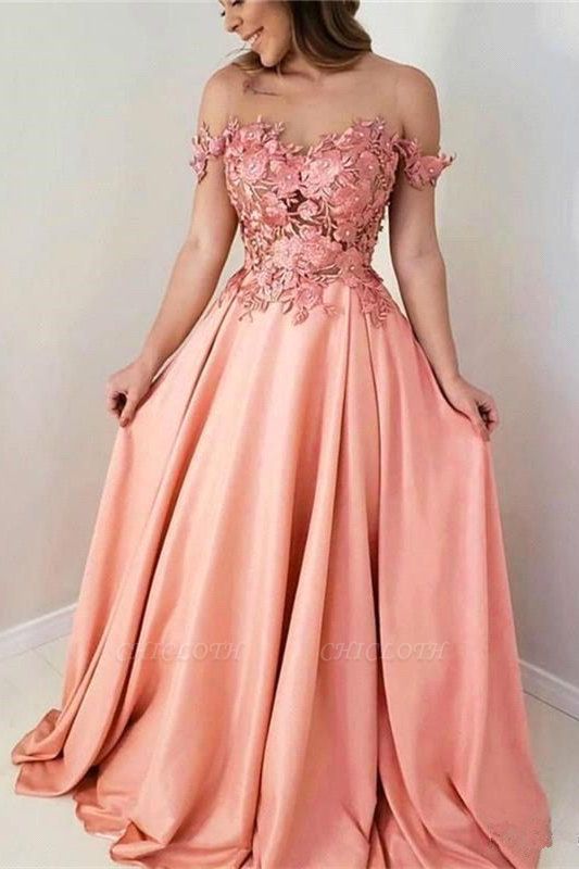 Cheap Pink Flowers Sweetheart Off-the-Shoulder A-Line Prom Dresses