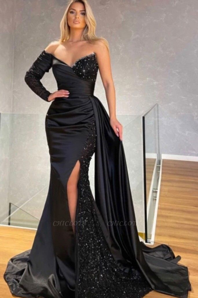 Dignified Black Sequins One Shoulder Sweetheart Long Sleeve Floor-length Split Front Mermaid Prom Dresses with Train