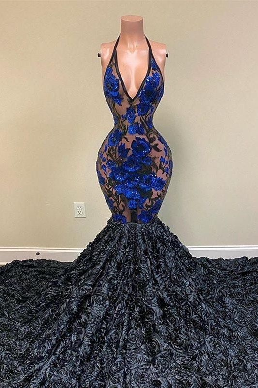 Elegant Black Appliques V-neck Halter Sleeveless Floor-length Mermaid Prom Dresses