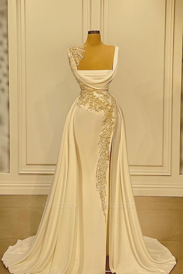 Vintage Ivory Square A-line Beading Prom Dresses with Slit
