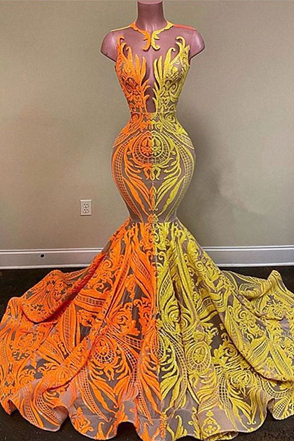 Unique Bicolor V-neck Appliques Lace Floor-length Sleeveless Column Mermaid Prom Dresses