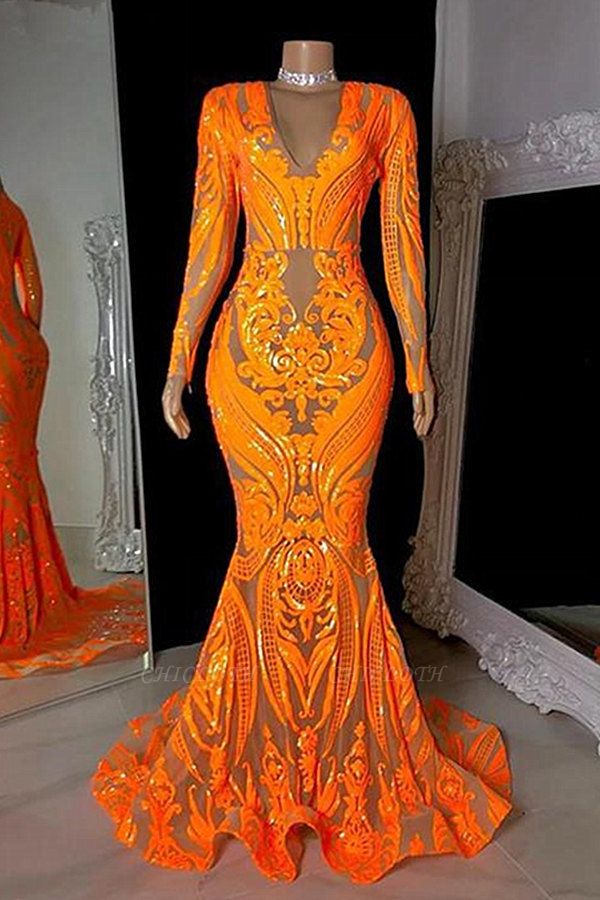 Unique Orange Sequins V-neck Appliques Lace Floor-length Long Sleeve Column Mermaid Prom Dresses