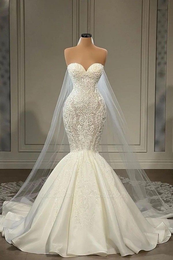 Elegant Strapless Sleeveless Mermaid Satin Floor-Length Wedding Dresses with Lace