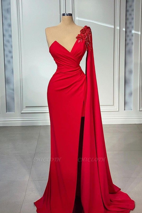 Red One-shoulder Sleeveless Mermaid Elastiic Woven Satin Floor-Length Prom Dresses with Ruffles