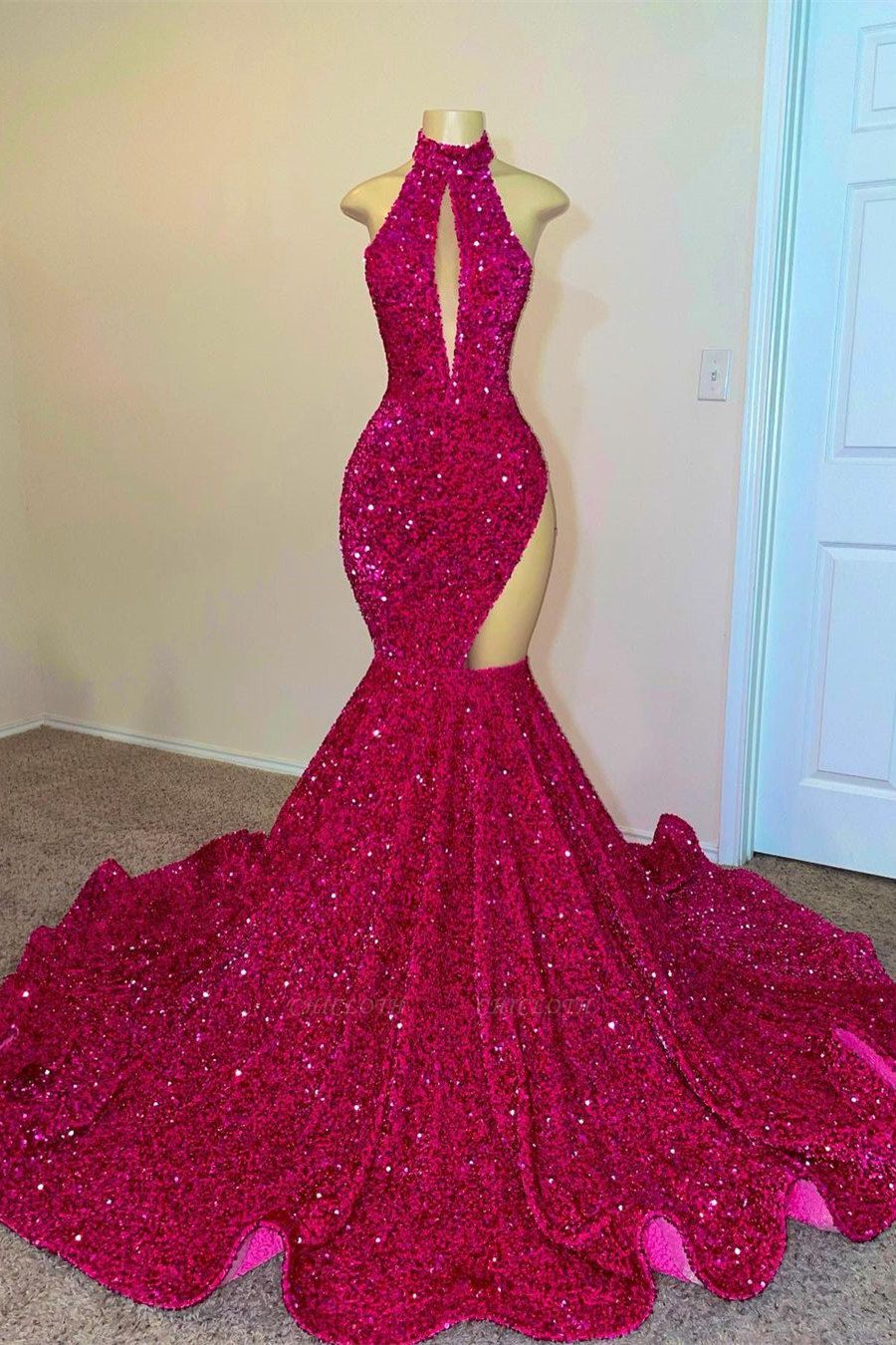 Sexy Rose Red Halter Mermaid Sequins Prom Dresses