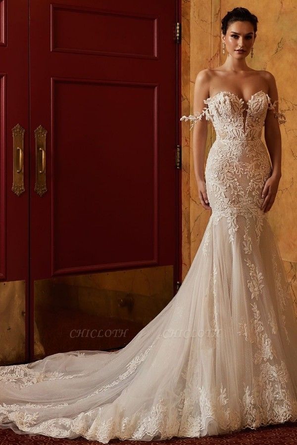 Classy Off-the-shoulder Sleeveless Mermaid Lace Wedding Dresses with Applique