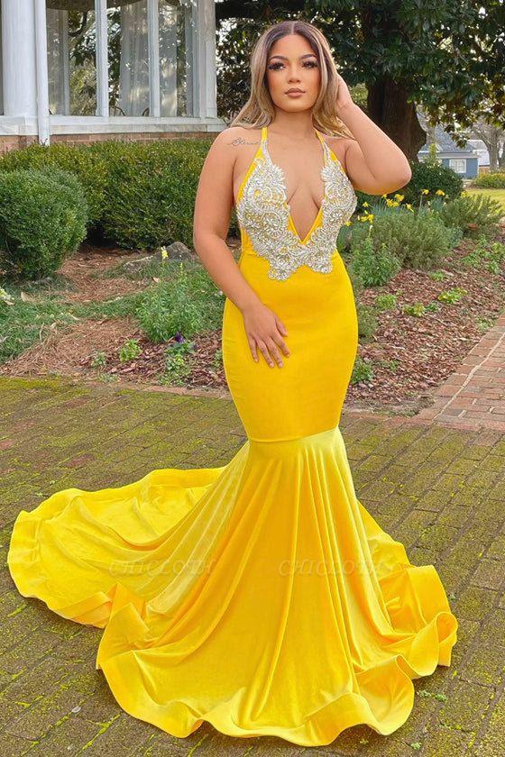 Simple Yellow Appliques Lace V-neck Spaghetti Straps Floor-length Mermaid Prom Dresses