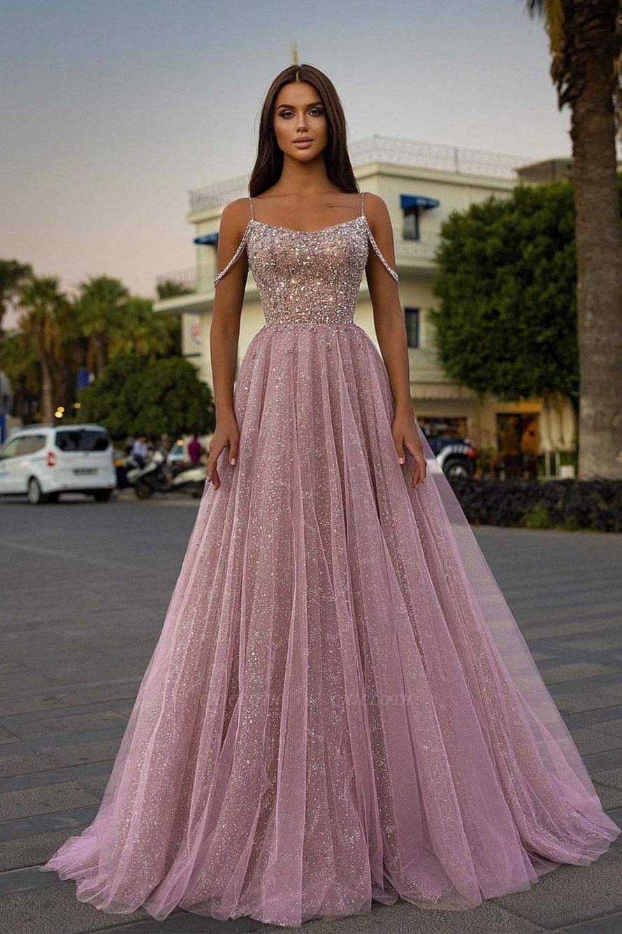 Charming Pink A-line Sequins Spaghetti Straps Prom Dresses