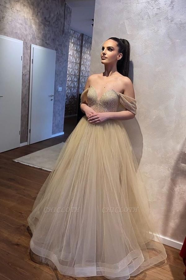 Champagne Sweetheart Off-the-Shoulder Tulle Ball Gowns Wedding Dresses