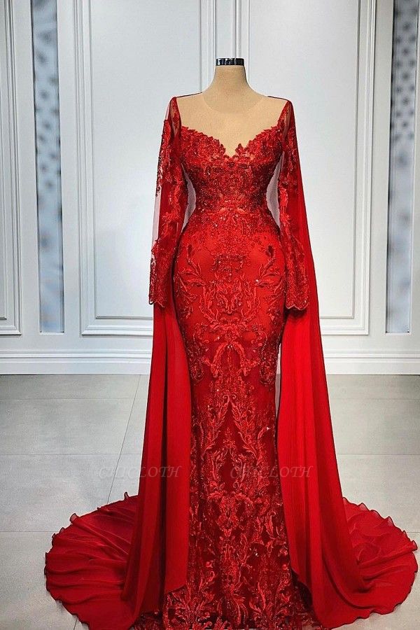 Red Sweetheart Long-Sleeve Mermaid Elastic Woven Satin Floor-Length Prom Dresses with Applique