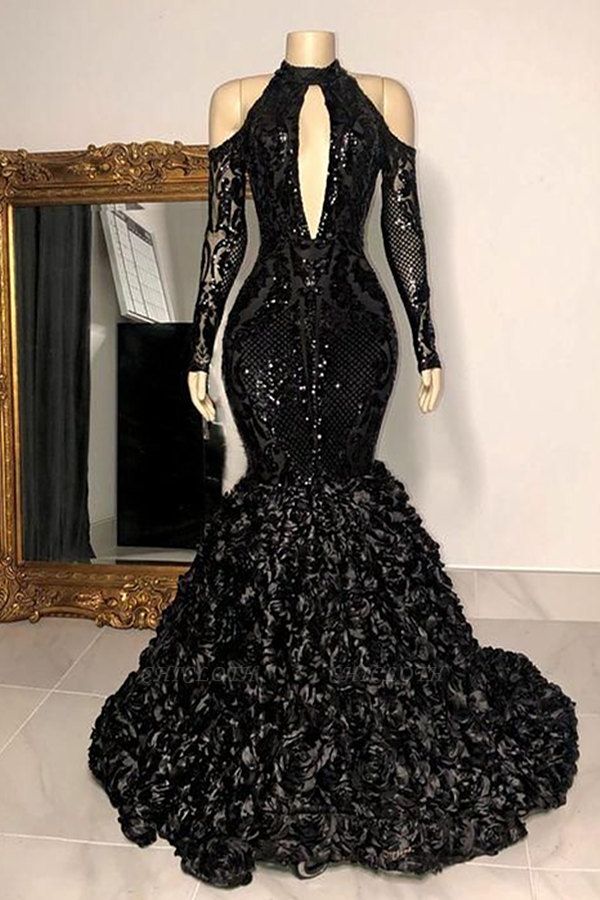 Dignified Black Halter Long Sleeve Transparent lace Beading Floor-length Mermaid Prom Dresses