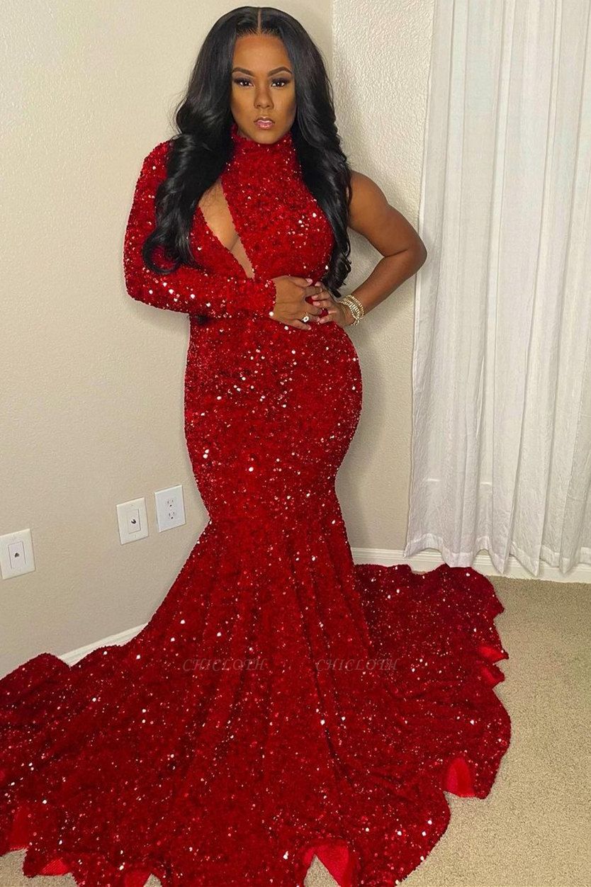 Sexy Red High Collar One Shoulder Mermaid Sequins Long Sleeves Prom Dress