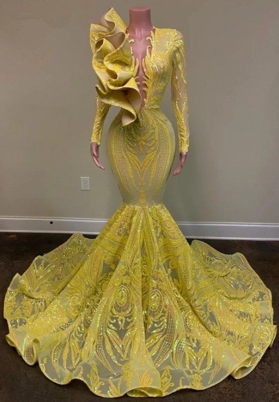 Gorgeous Yellow Tddecoration V-neck Long Sleeve Floor-length Mermaid Prom Dresses