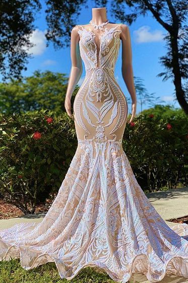 Charming Wite High Neck Transparent Lace Floor-length Mermaid Prom Dresses