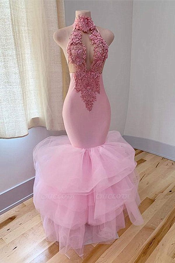 Nectarean Pink High-neck V-neck Appliques Floor-length Mermaid Prom Dresses