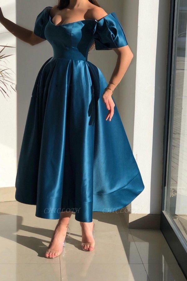 Elegant Blue Off-the-shoulder A-Line Ankle-Length Satin Prom Dresses