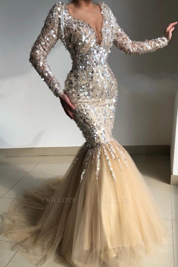 Gorgeous V-Neck Long-Sleeve Mermaid Floor-Length Prom Dresses with Sequins
