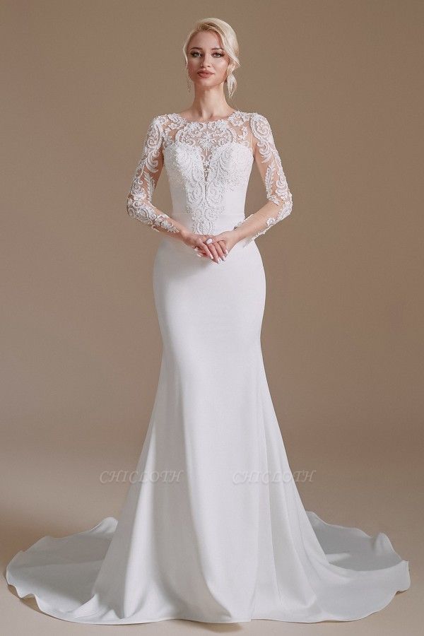 Elegant Jewel Long-Sleeve Mermaid Floor-Length Satin Wedding Dresses with Pattern