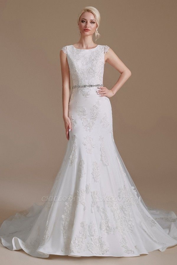 Elegant Jewel Sleeveless Mermaid Floor-Length Satin Wedding Dresses with Lace