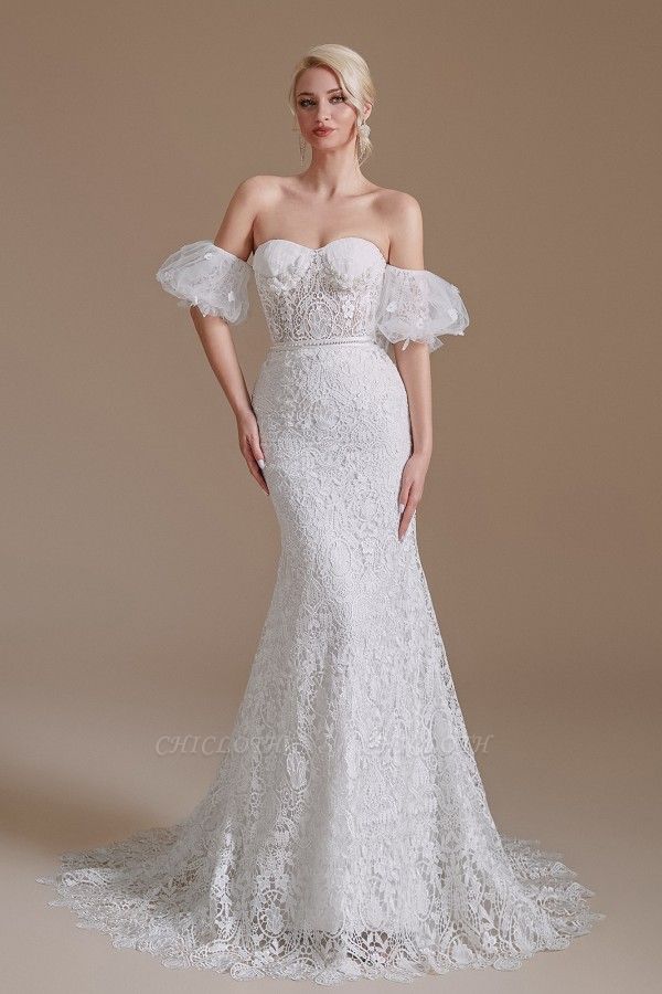 Beautiful Off-the-shoulder Sleeveless Mermaid Floor-Length Lace Wedding Dresses with Applique