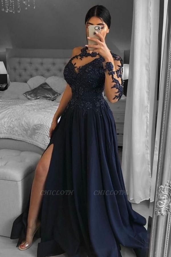 Unique One-shoulder Long-Sleeve A-Line Floor-Length Chiffon Prom Dresses with Appliques
