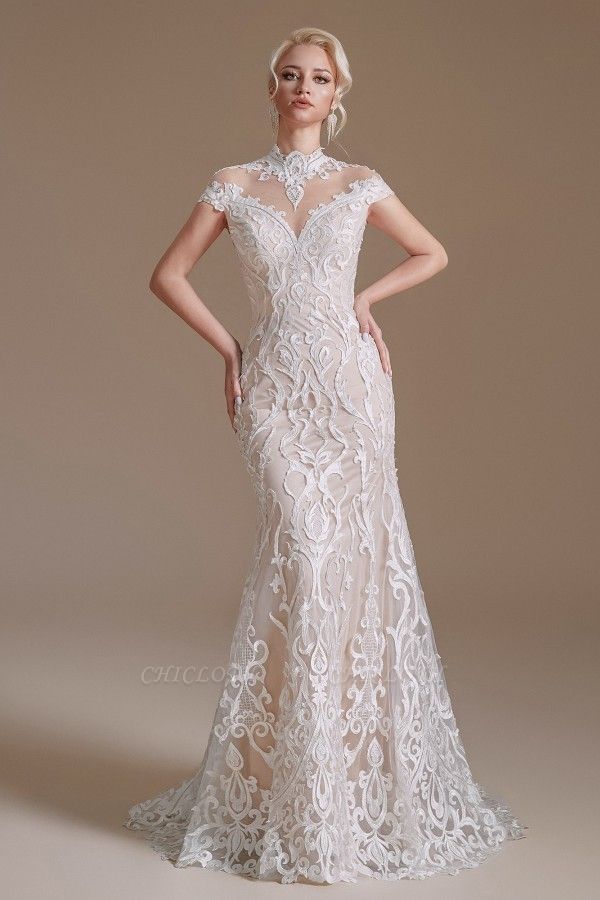 Fabulous Off-the-shoulder Sleeveless Mermaid Floor-Length Lace Wedding Dresses with Pattern