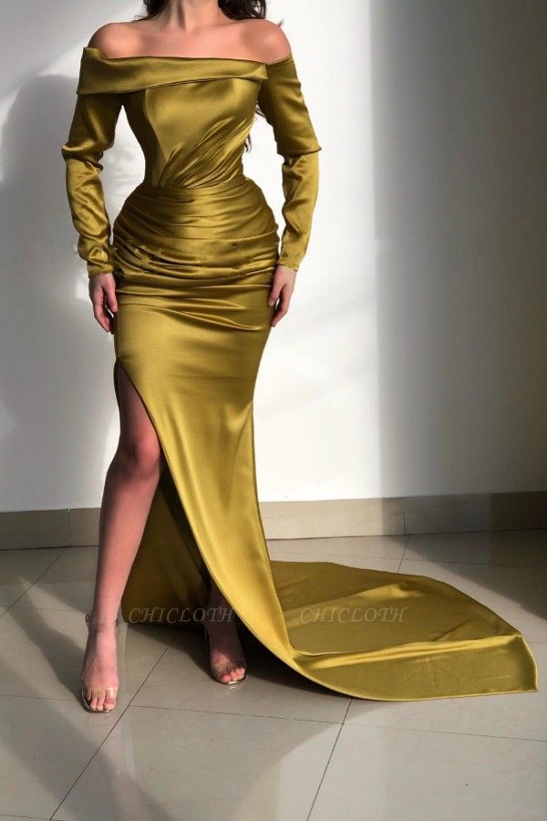 Elegant Yellow Off-the-shoulder Long-Sleeve Mermaid Long-Sleeve Prom Dresses
