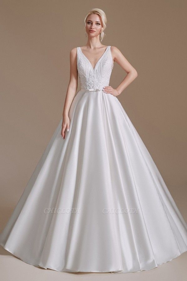 Simple Straps Sleeveless A-Line Floor-Length Satin Wedding Dresses with Ruffles
