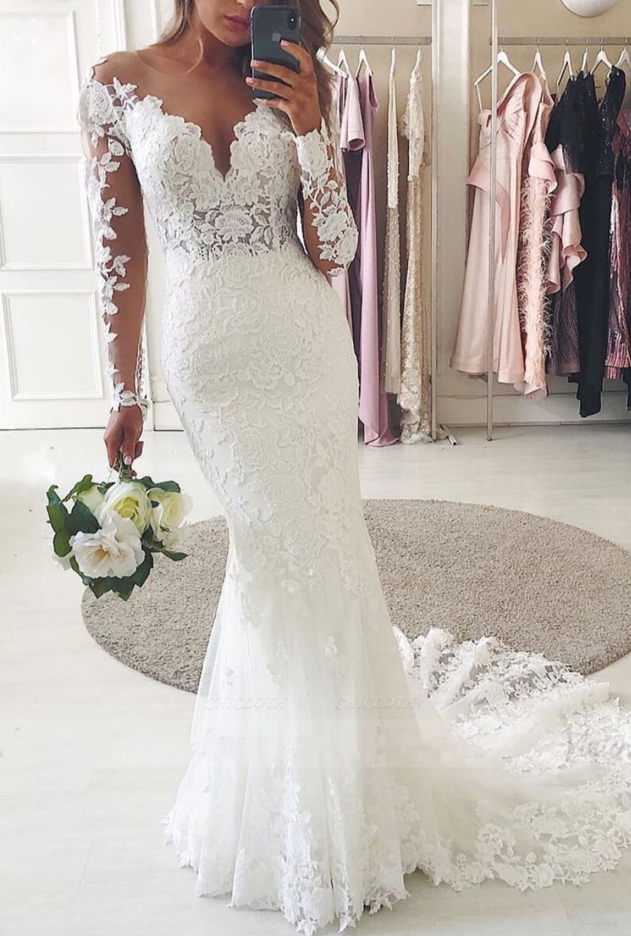 Sexy Sweetheart Long-Sleeve Mermaid Floor-Length Tulle Wedding Dresses with Lace