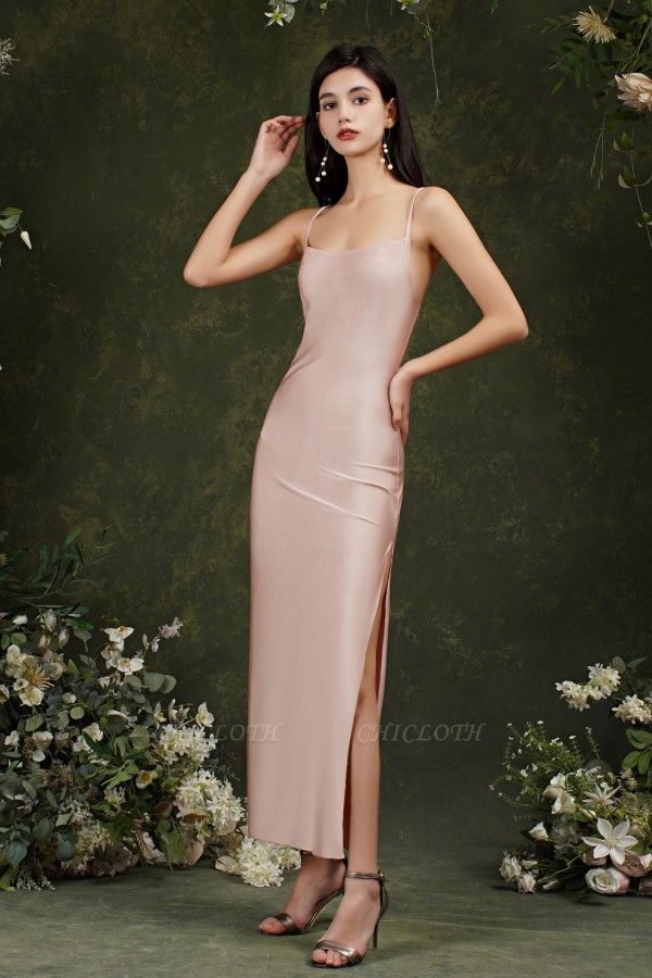 Cheap Pink Spaghetti Straps Sleeveless Mermaid Satin Prom Dresses