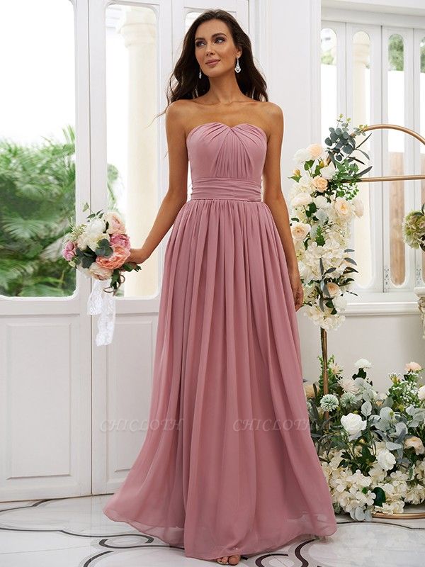 Elegant Pink Strapless Sleeveless Floor-Length A-Line Chiffon Bridesmaid Dresses with Ruffles