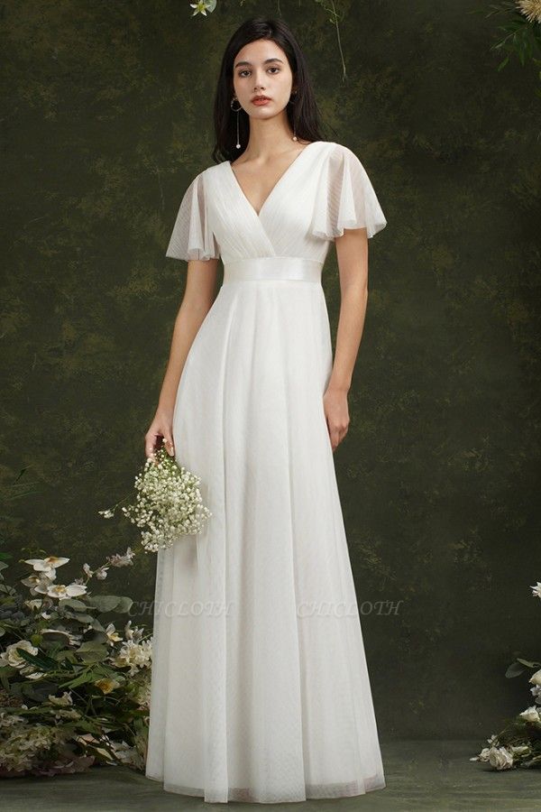 Vintage white V-Neck Short-Sleeves A-Line Floor-Length Tulle Prom Dresses