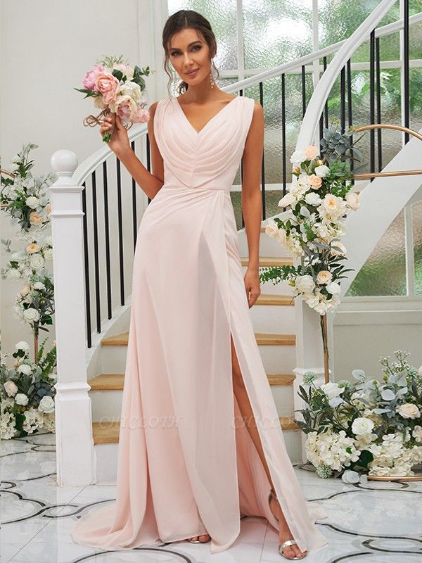 Simple Pink Floor-Length V-Neck Chiffon Bridesmaid Dresses with Ruffles