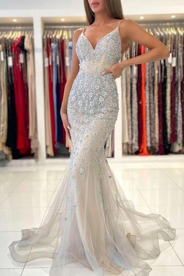 Gorgeous Spaghetti Straps Sleeveless Mermaid Floor-Length Lace Prom Dresses
