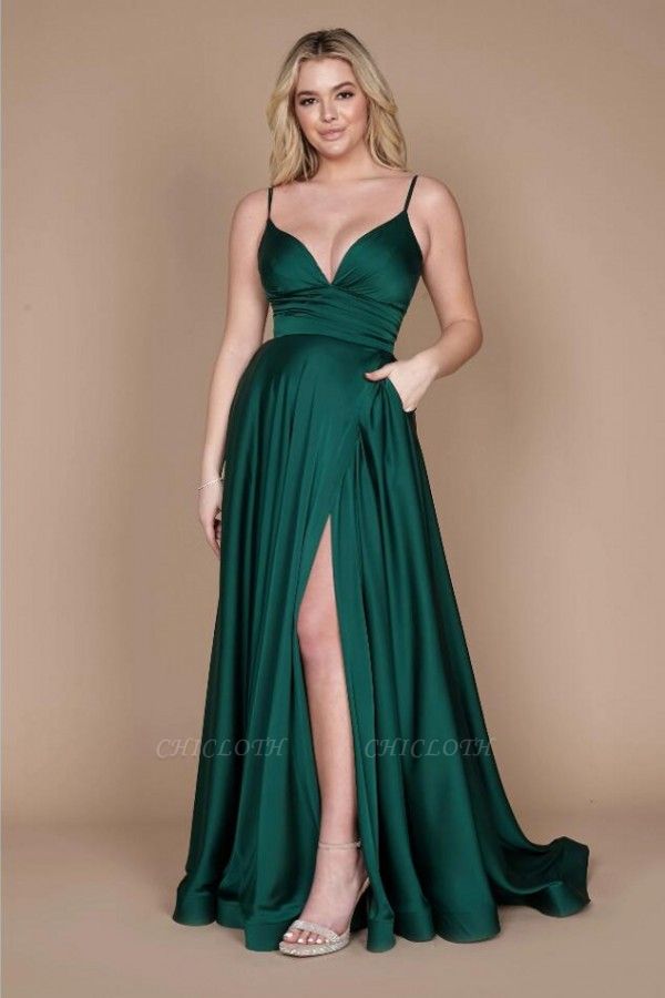 Simple Green Spaghetti Straps Sleeveless Column Satin Prom Dresses with Ruffles