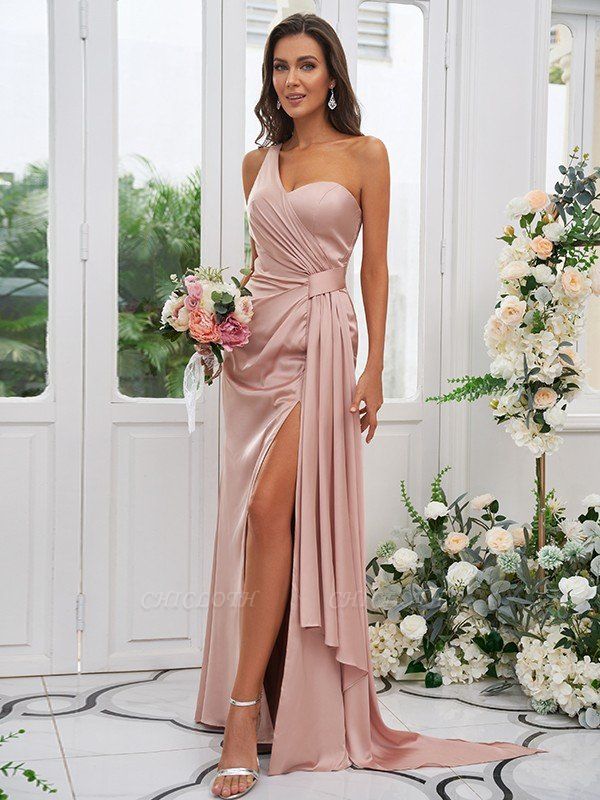 Simple Pink Front-Split One Shoulder Sleeveless Satin Bridesmaid Dresses with Ruffles
