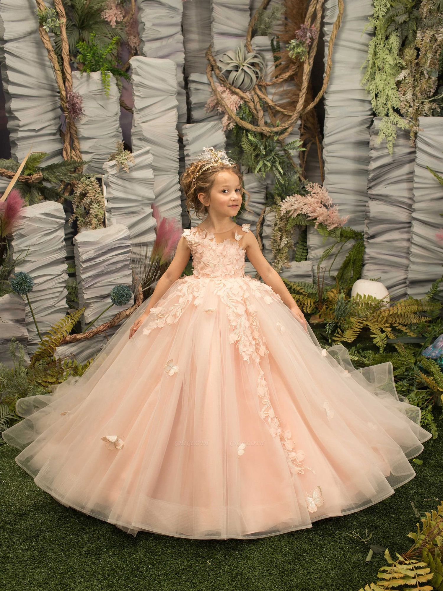 Jewel Princess Sleeveless Applique Tulle Flower Girl Dresses