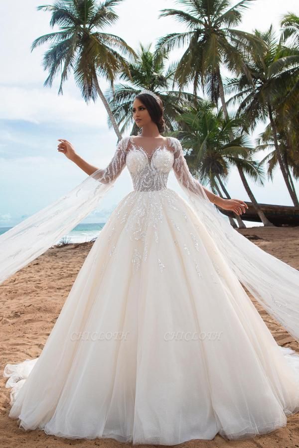 Stylish Sweetheart Long Sleeves Chapel A-Line Lace Tulle Wedding Dresses