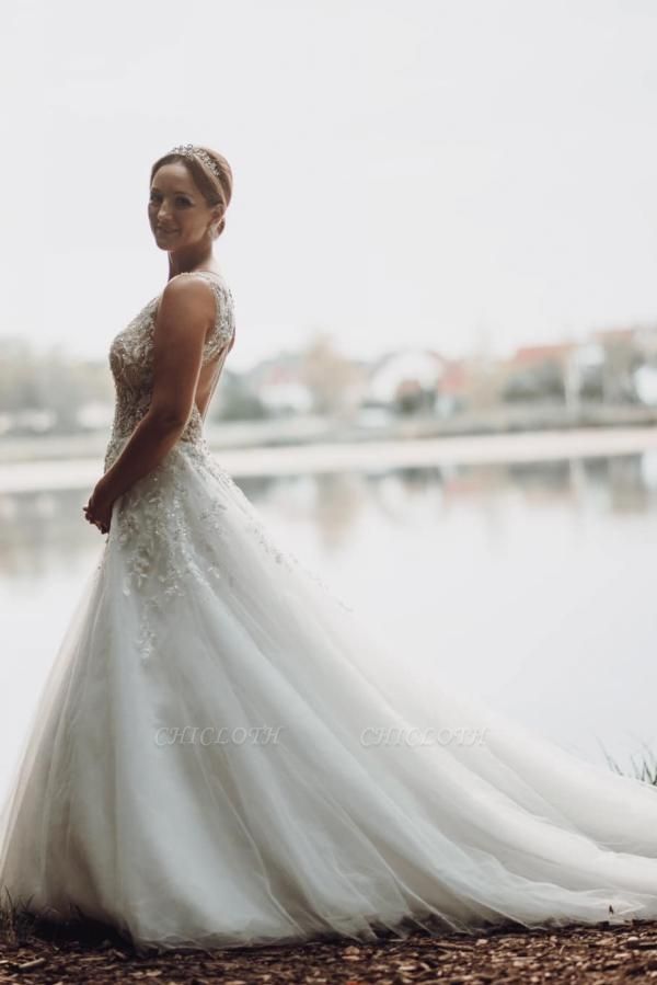 Elegant Jewel A-Line Backless Sleeveless Chapel Tulle Wedding Dresses with Ruffles