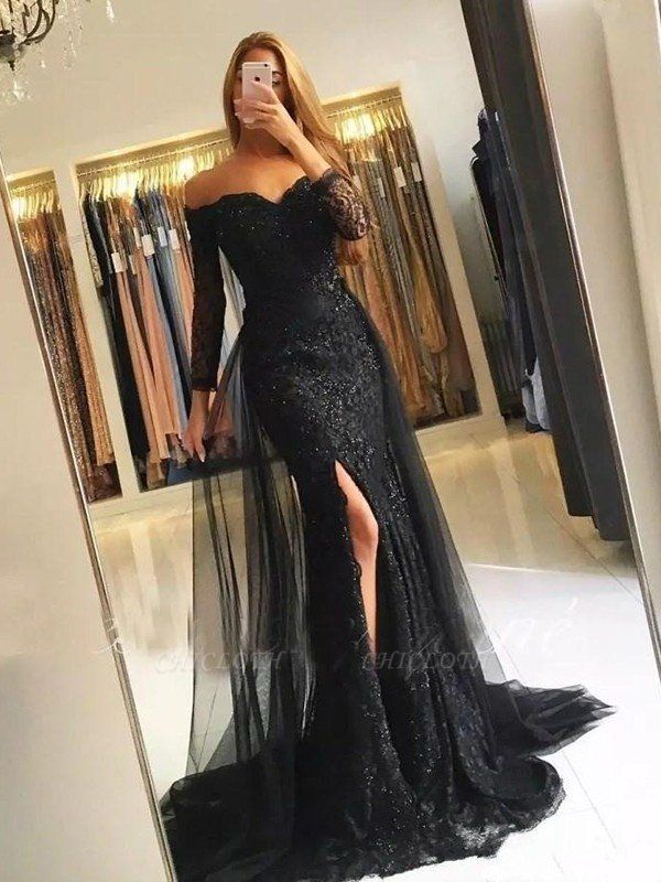 Elegant Black Halter Long Sleeves Floor-Length Sweetheart Prom Dresses with Appliques
