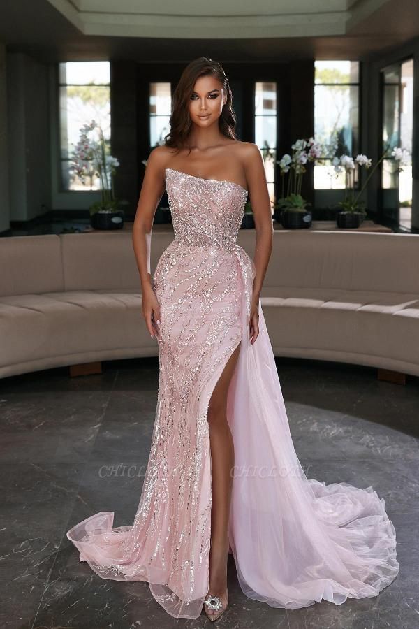 Elegant Pink Sleeveless Sequins Strapless Floor-Length Tulle Prom Dresses