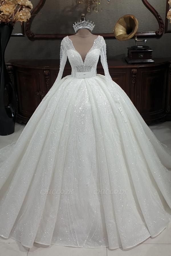 Elegant V-Neck Sweetheart Sequins Long Sleeves Ball Gown Wedding Dresses