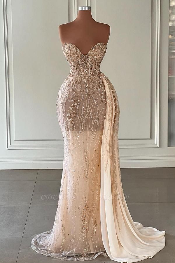 Stunning Champagne Sweetheart Sleeveless Floor-Length Mermaid Prom Dresses with Ruffles