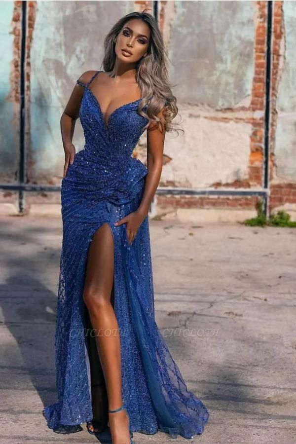 Stylish Dark Blue Sleeveless Spaghetti Strap Sweetheart Sequins Mermaid Prom Dresses