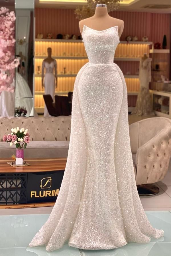Chic Sequins Strapless A-Line Sleeveless Floor-Length Prom Dresses with Ruffles